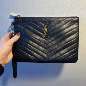 Saint Laurent Calfskin Matelasse Chevron Monogram Wristlet in Black